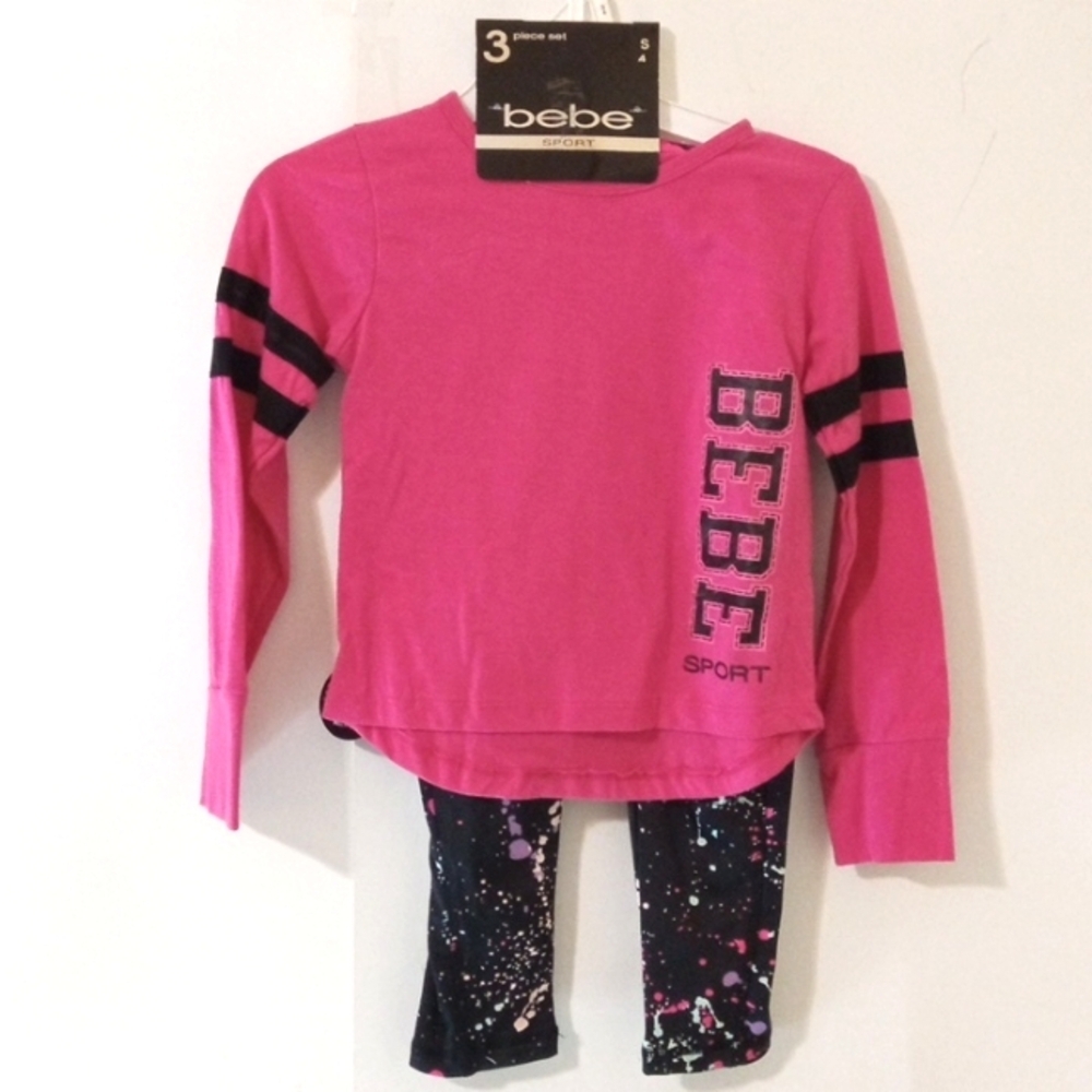 BEBE SPORT FUCHSIA BLACK PANTS GRAPHIC TEE TANK TOP JOGGER SET GIRLS SIZE 4 NWT